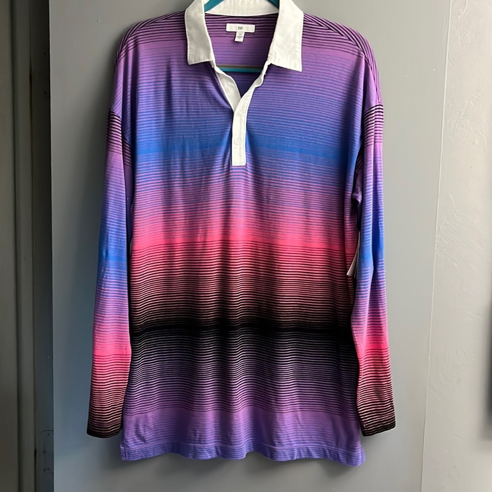 BP Mens Organic Cotton Long SleeveT-Shirt, Collar, Button Placket, Size M-NEW!